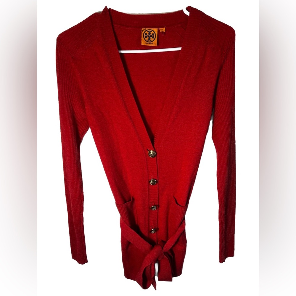 Tory Burch Wool Cashmere Knit Logo Button Embroidered Cardigan Sweater Rust XS